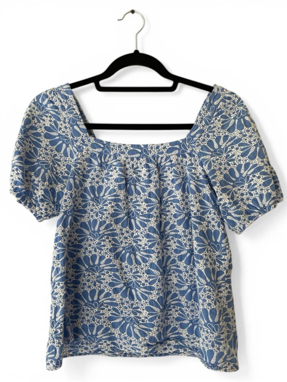 LOFT Blue and White Floral Square-Neck Blouse